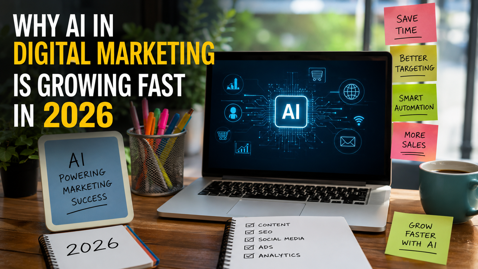 AI in digital marketing workspace setup in 2026 showing laptop with AI marketing dashboard, SEO strategy notes, social media planning and automation tools in a modern office environment.