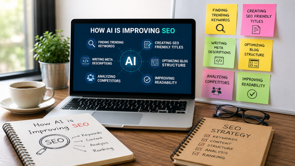 How AI is improving SEO with keyword research, SEO friendly titles, meta description writing, blog optimization, competitor analysis and readability improvement shown in a modern workspace setup.
