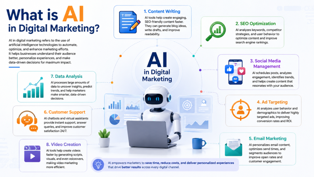 Alt text: Informative 16:9 infographic on AI in digital marketing with a slightly dark blue background, showing content writing, SEO optimization, social media management, ad targeting, email marketing, customer support, data analysis, and video creation around a central AI concept.
