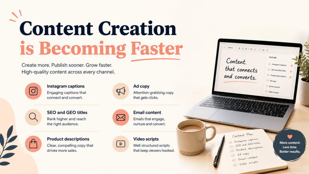 Alt text: Modern workspace themed blog banner showing fast content creation workflow with laptop, coffee mug, and content planning notes featuring Instagram captions, SEO and GEO titles, product descriptions, ad copy, email content, and video scripts.

