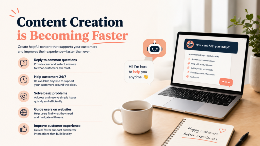 Alt text: Clean 16:9 blog banner showing a customer support chatbot on a laptop screen with workspace setup, highlighting faster content creation features like replying to common questions, 24/7 customer help, solving basic problems, guiding website users, and improving customer experience.
